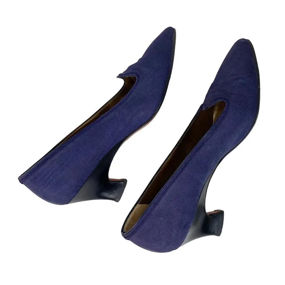 Yves Saint Laurent YSL Vintage Ribbed Navy Silk Pumps 7M Heels 2.25